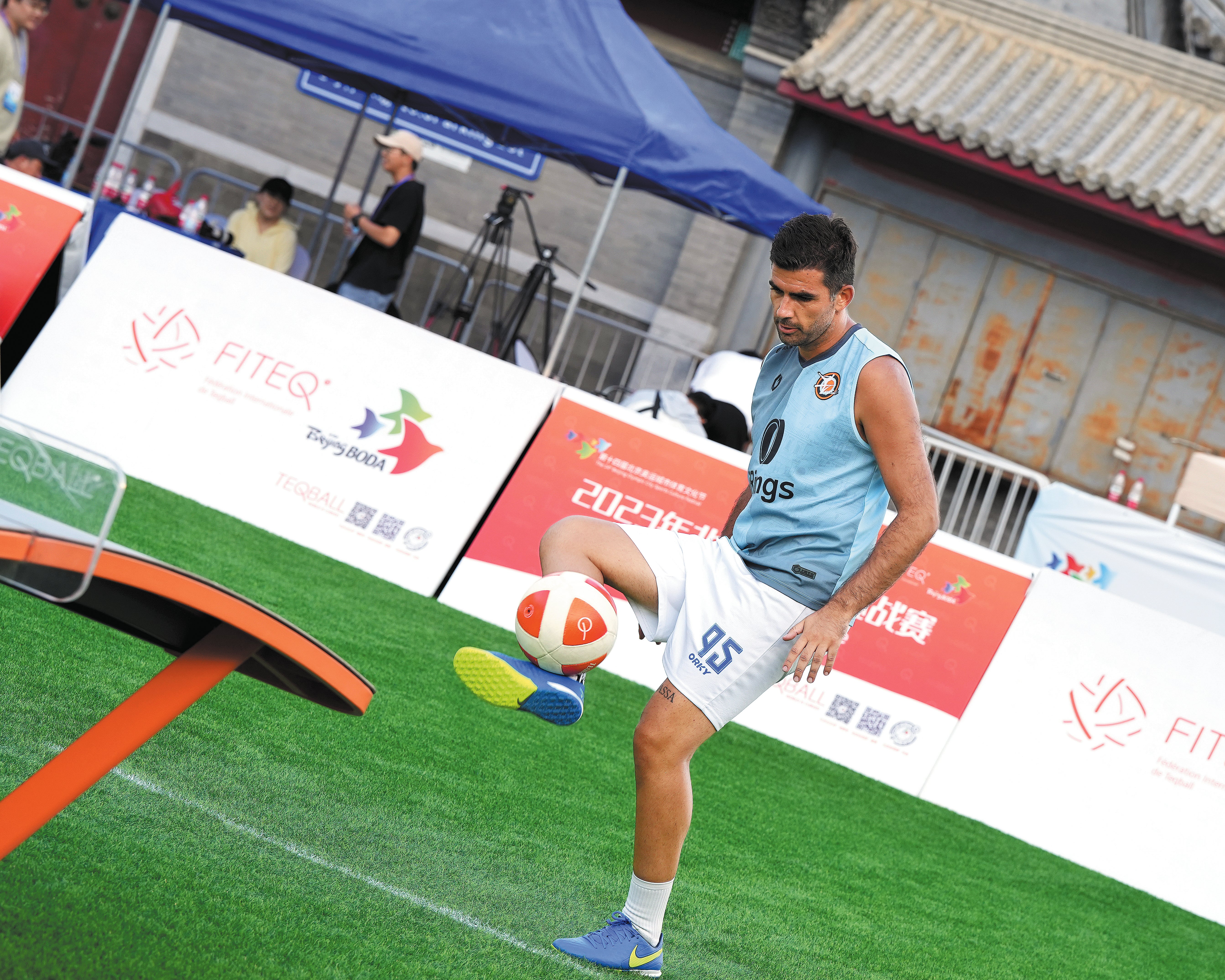 An athlete plays Teqball during the 2023 Beijing Teqball Challenge in August, 2023