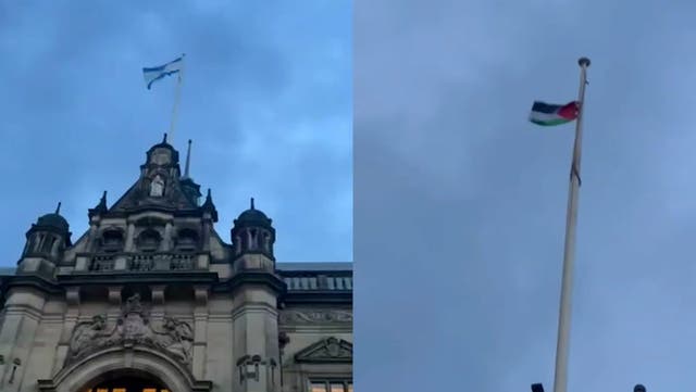 <p>Protestor scales Sheffield town hall roof to pull down Israeli flag and replace it with Palestinian symbol.</p>