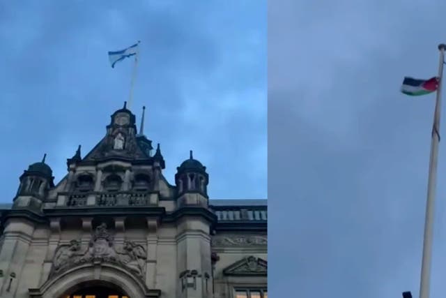 <p>Protestor scales Sheffield town hall roof to pull down Israeli flag and replace it with Palestinian symbol.</p>