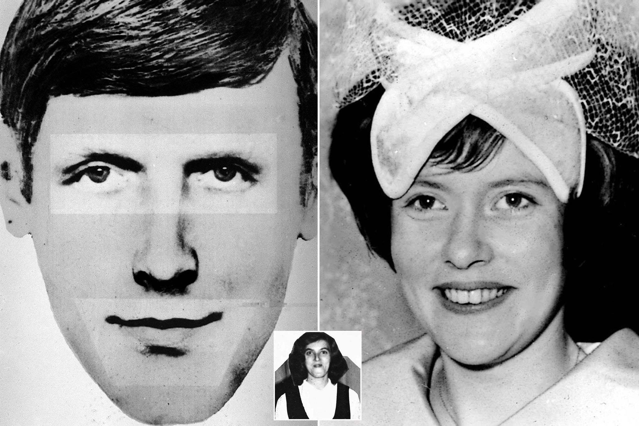 A police photofit of Bible John, left, with two of his victims, Patricia Docker, right, and Jemima McDonald, bottom