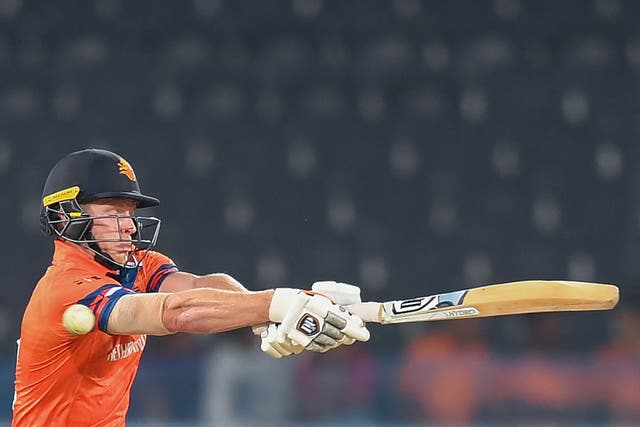<p>Netherlands’ Sybrand Engelbrecht plays a shot during the 2023 ICC Men’s Cricket World Cup one-day international match between New Zealand and Netherlands</p>