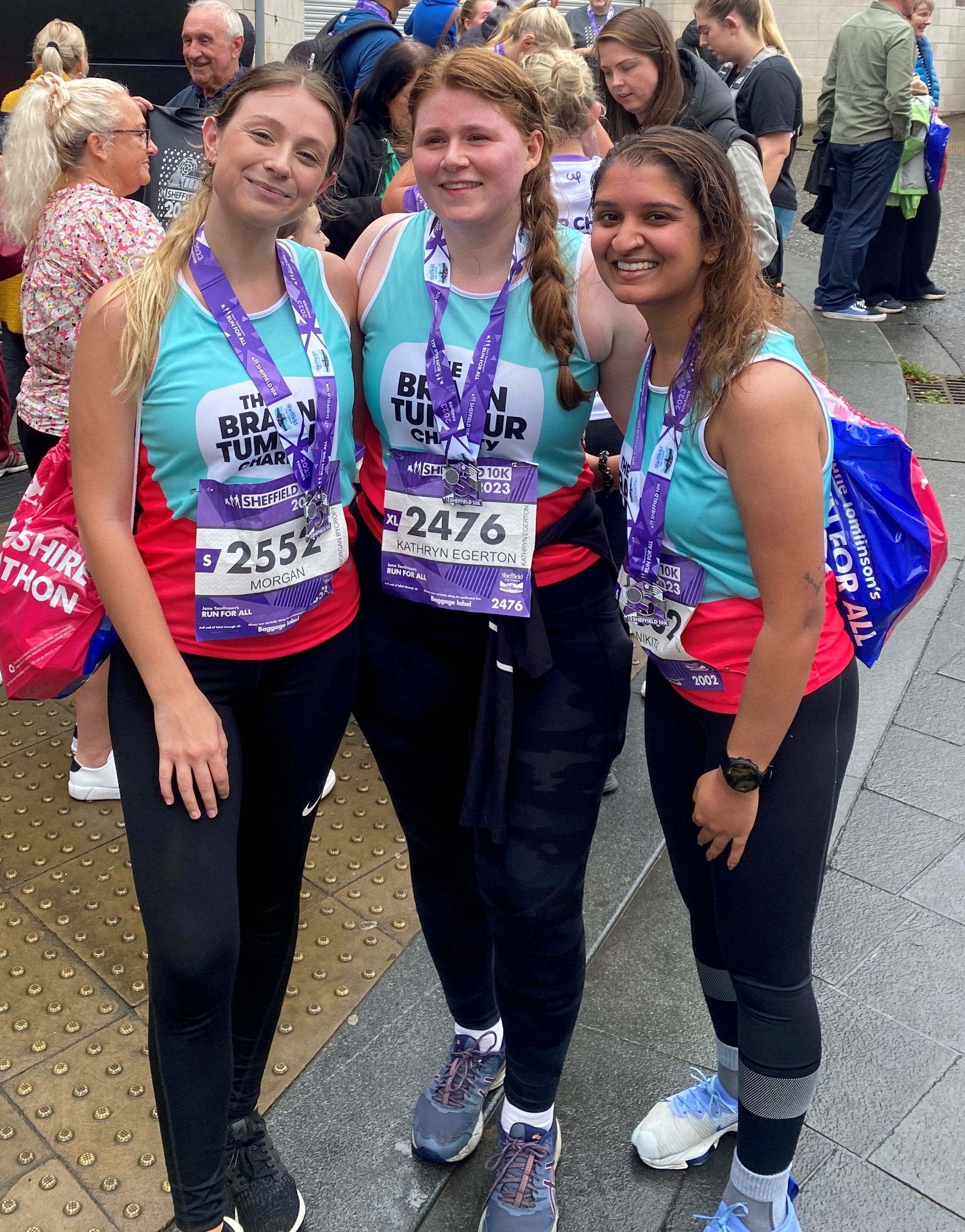 Morgan (left) ran the Sheffield 10k to raise money for the Brain Tumour Charity. She is pictured here with Nikky (right) and Kathryn