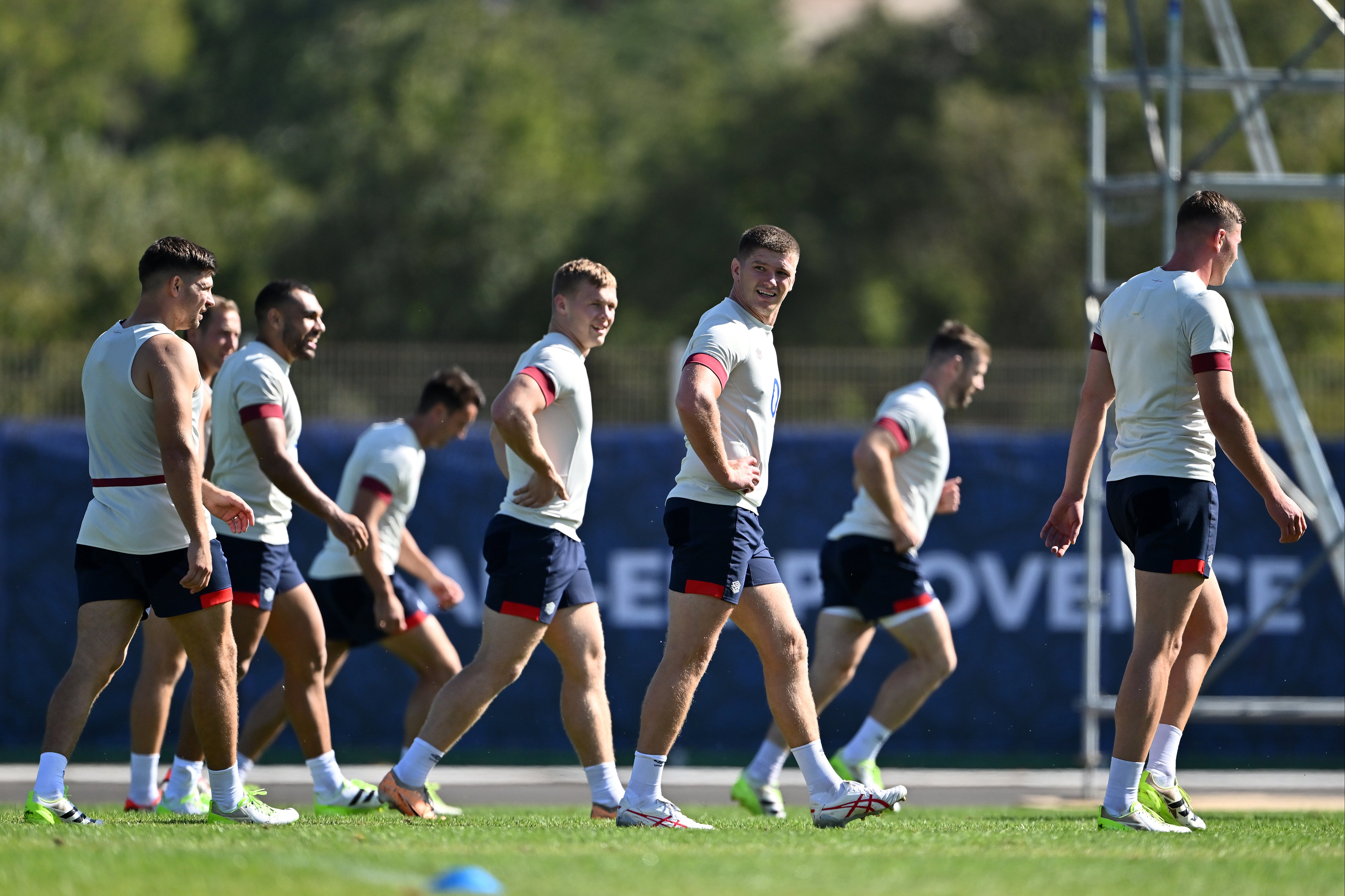 Owen Farrell of England looks on during a training session at Stade Georges Carcassonne