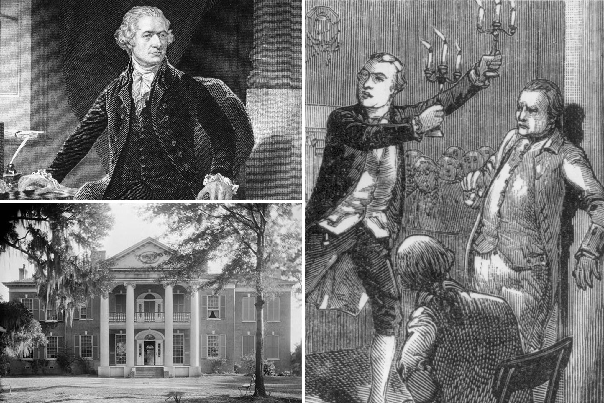 Top left: Alexander Hamilton circa 1790; Bottom left: the Auburn Mansion, designed by Levi Weeks and now a National Historic Landmark; Right: Aaron Burr at the Weeks trial