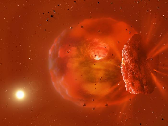 A visualisation of the huge, glowing planetary body produced by a planetary collision