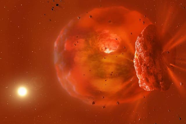 <p>A visualisation of the huge, glowing planetary body produced by a planetary collision</p>