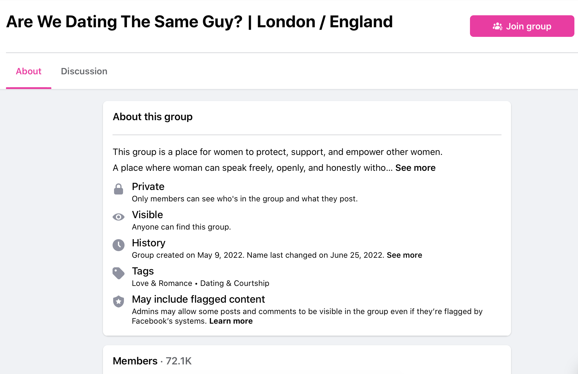 The UK hub of ‘Are We Dating the Same Guy?’ has more than 72,000 members at the time of writing