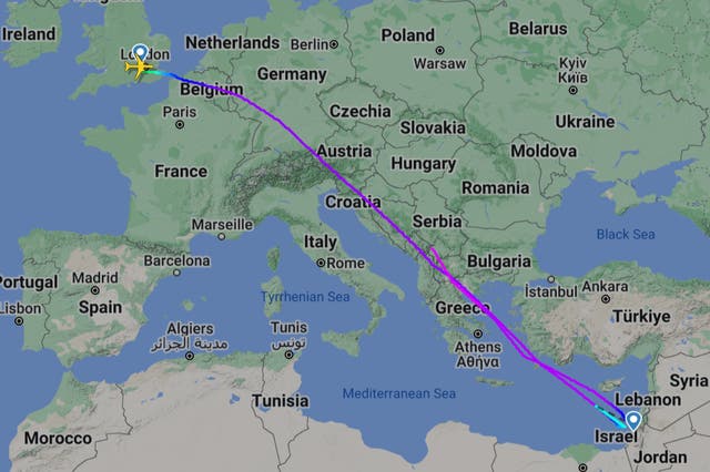 <p>Return home: Flightpath of British Airways BA165 from London to Tel Aviv</p>