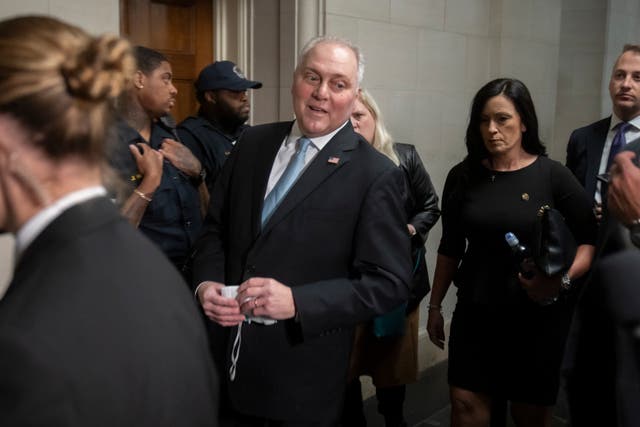 <p>House Majority Leader Steve Scalise of La., speaks to reporters as he arrives for a meeting of House Republicans to vote on candidates for Speaker of the House on Capitol Hill, Wednesday, Oct. 11, 2023 in Washington</p>