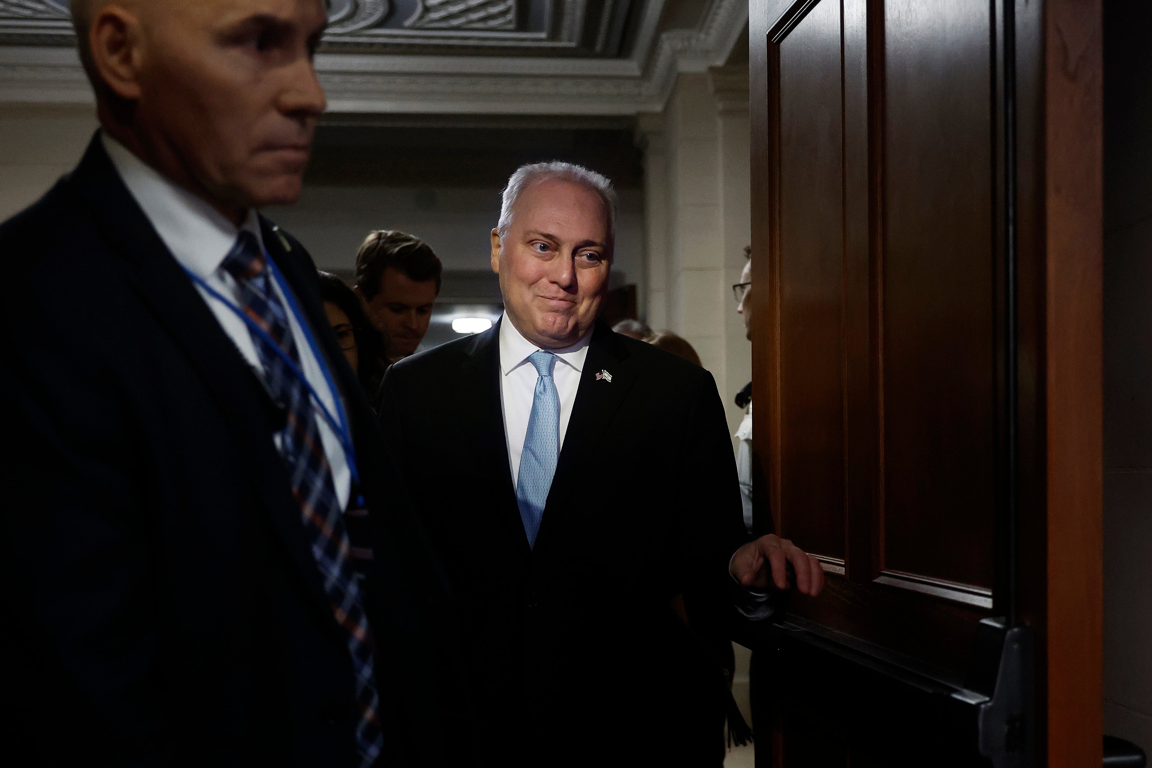 House Majority Leader Steve Scalise (R-LA) emerges from House Republican conference meeting after being tapped as Speaker-elect in the Longworth House Office Building on Capitol Hill on October 11, 2023 in Washington, DC. Scalise earned more votes than his opponent, House Judiciary Committee Chairman Jim Jordan (R-OH).