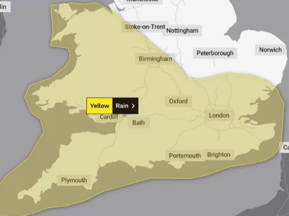 Map showing areas under yellow weather warning on Thursday