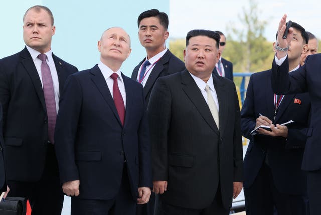 <p>Russian president Vladimir Putin (centre L) and North Korean leader Kim Jong-un during visit to Russia’s far east in September </p>