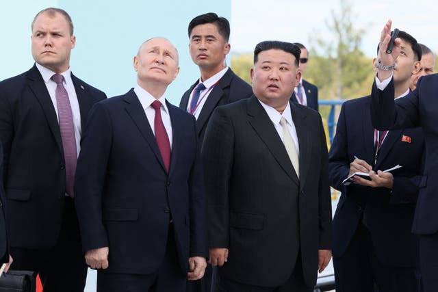 <p>Russia’s president Vladimir Putin (centre L) and North Korea’s leader Kim Jong Un (centre R) visit the Vostochny Cosmodrome in Amur region</p>