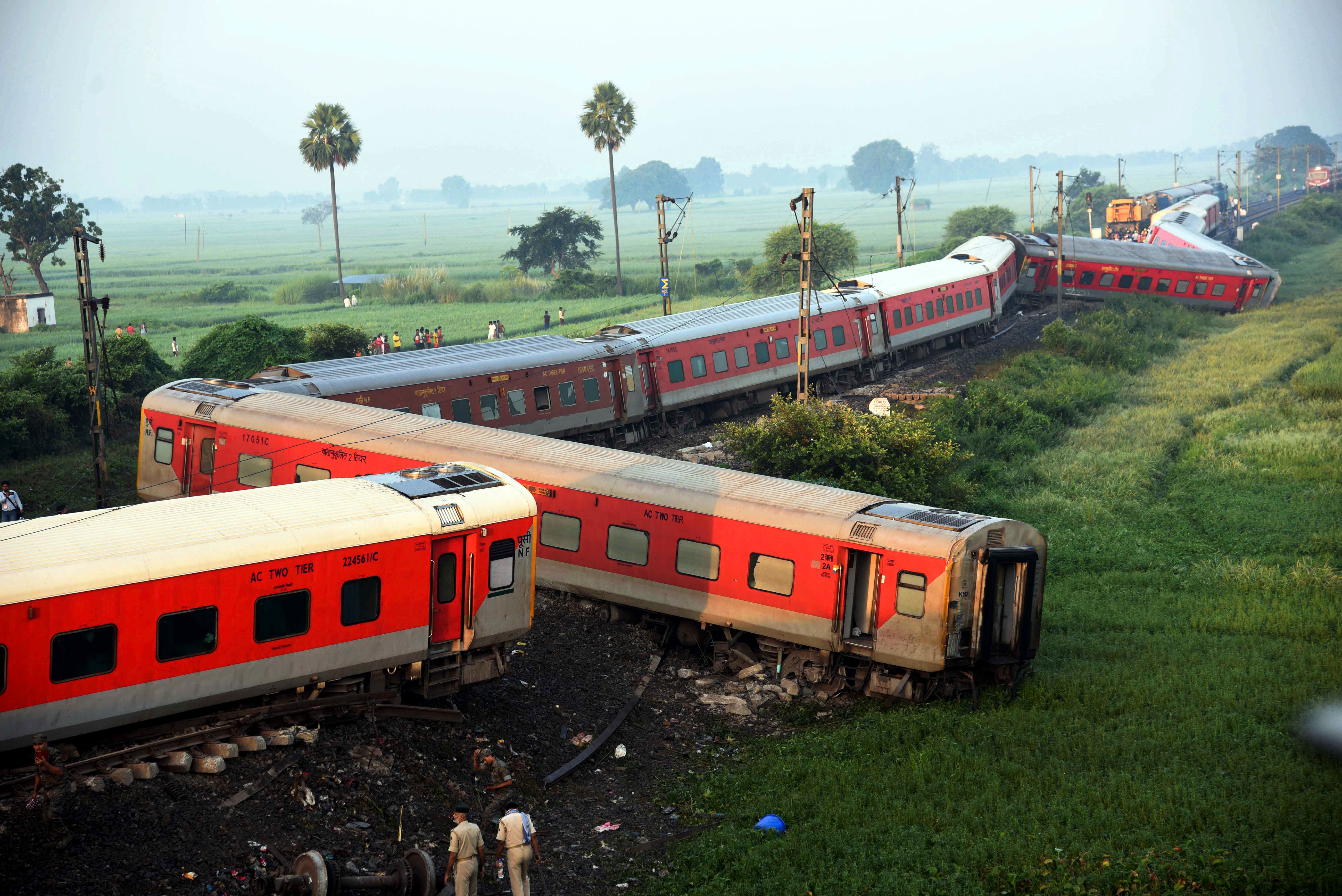 Coaches of the North-East Express passenger train that derailed in Bihar