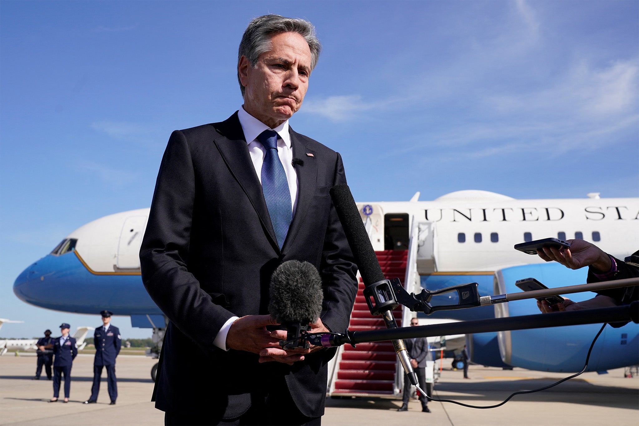 Antony Blinken, the US secretary of state, arriving in Tel Aviv