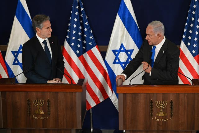 <p>A handout photo made available by Israel's Government Press Office (GPO) shows Israeli Prime Minister Benjamin Netanyahu (R) and US Secretary of State Antony Blinken holding a joint press conference after a meeting at the Kirya, which houses the Israeli Ministry of Defense, in Tel Aviv, Israel, 12 October 2023</p>