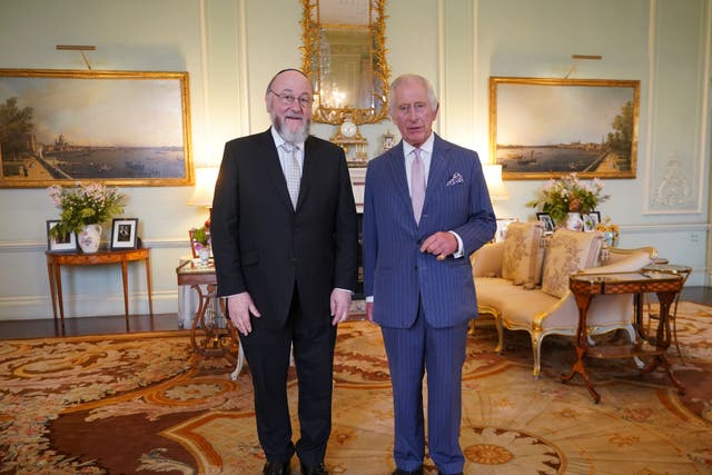The King receives Chief Rabbi Sir Ephraim Mirvis during an audience in Buckingham Palace (Yui Mok/PA)