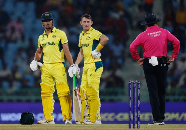 <p>Australia's Marcus Stoinis reacts after losing his wicket</p>