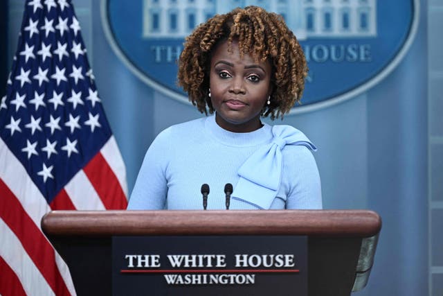 <p>White House Press Secretary Karine Jean-Pierre speaks during the daily briefing in the Brady Press Briefing Room of the White House in Washington, DC, on October 11, 2023</p>