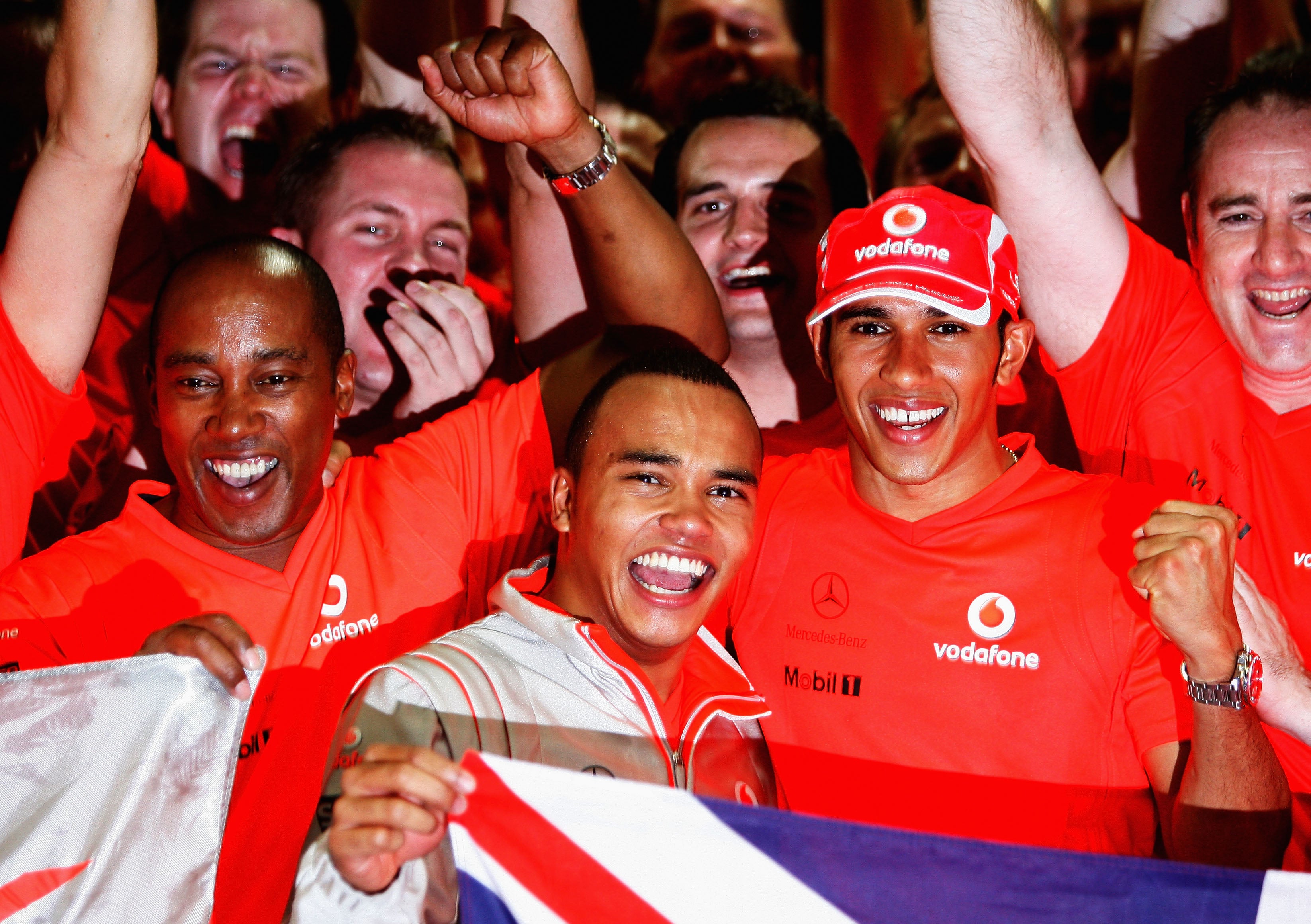 Nicolas Hamilton alongside his brother and father on the day Lewis won the 2008 F1 world title