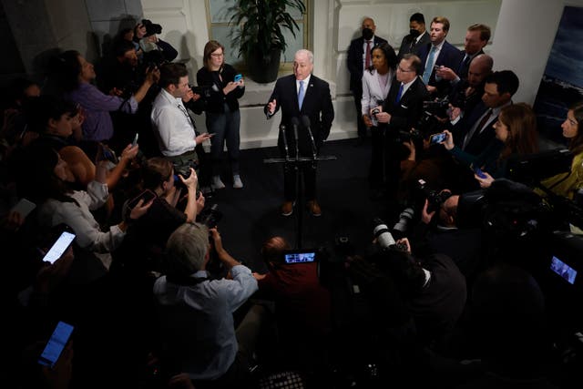 <p>U.S. House Majority Leader Steve Scalise (R-LA) speaks to reporters as he leaves a House Republican caucus meeting at the U.S. Capitol on October 12, 2023 in Washington, DC.</p>
