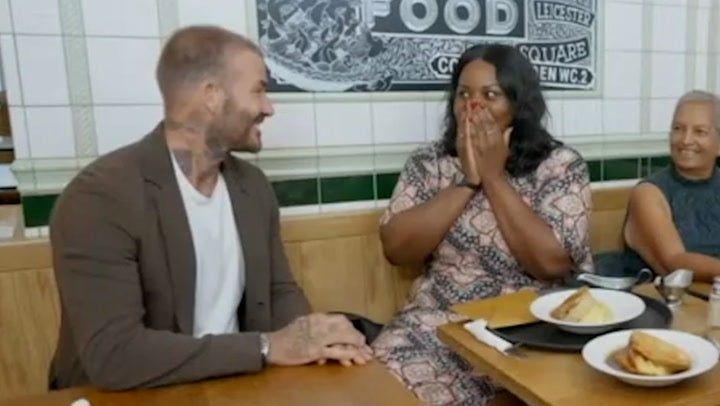 <p>David Beckham surprises Pride of Britain winner by serving up pie and mash.</p>