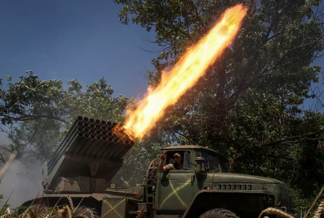 <p>Ukrainian servicemen of the 59th Separate Motorised Infantry Brigade fire a BM-21 Grad multiple launch rocket system towards Russian troops near a front line, amid Russia’s attack on Ukraine, near the town of Avdiivka, in the Donetsk region</p>