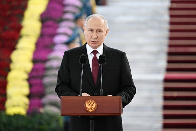 <p>Russia's President Vladimir Putin attends an event dedicated to the 20th anniversary of the establishment of the Russian military base in the city of Kant, in Bishkek, Kyrgyzstan </p>