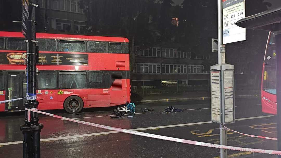 A crumpled delivery bike after a collision in Tottenham