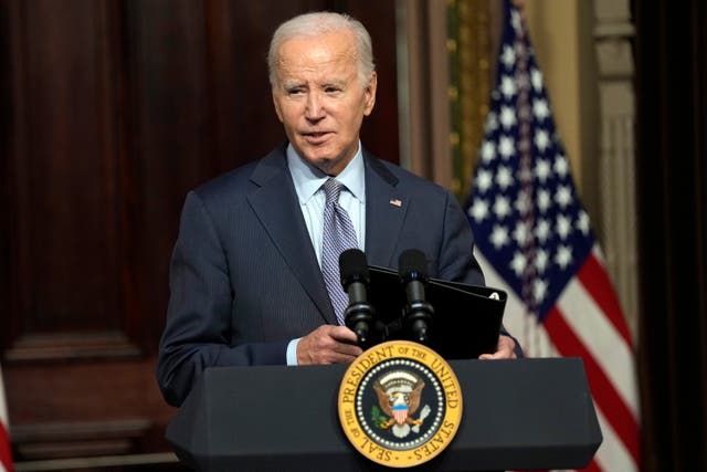 <p> President Joe Biden speaks during a roundtable with Jewish community leaders in the Indian Treaty Room on the White House complex in Washington, Wednesday, Oct. 11, 2023</p>