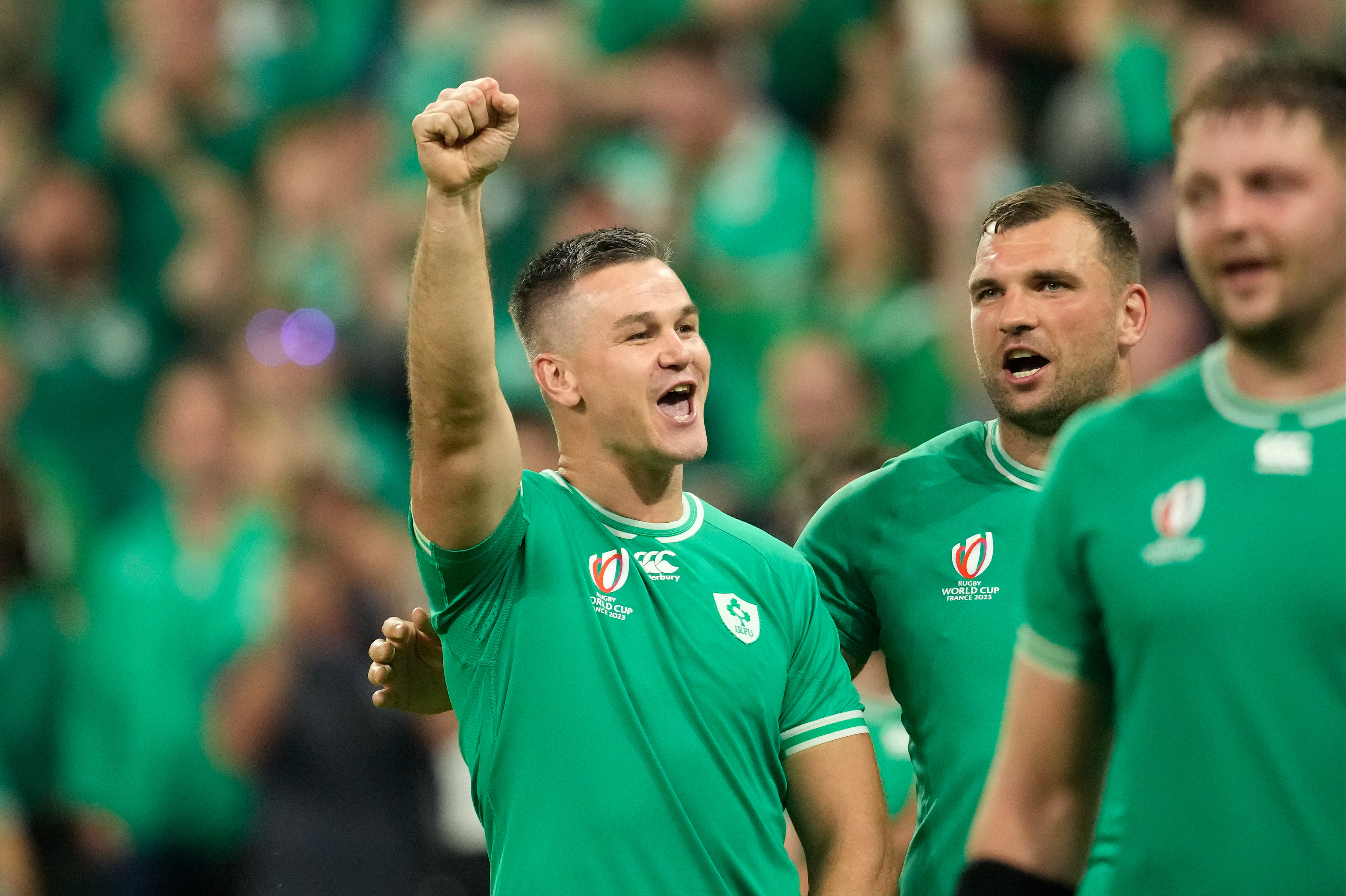 Ireland’s Johnny Sexton, left, and Tadhg Beirne celebrate against Scotland