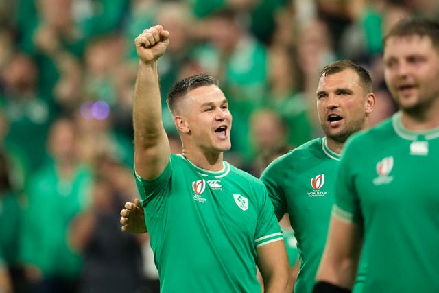 <p>Ireland’s Johnny Sexton, left, and Tadhg Beirne celebrate against Scotland</p>