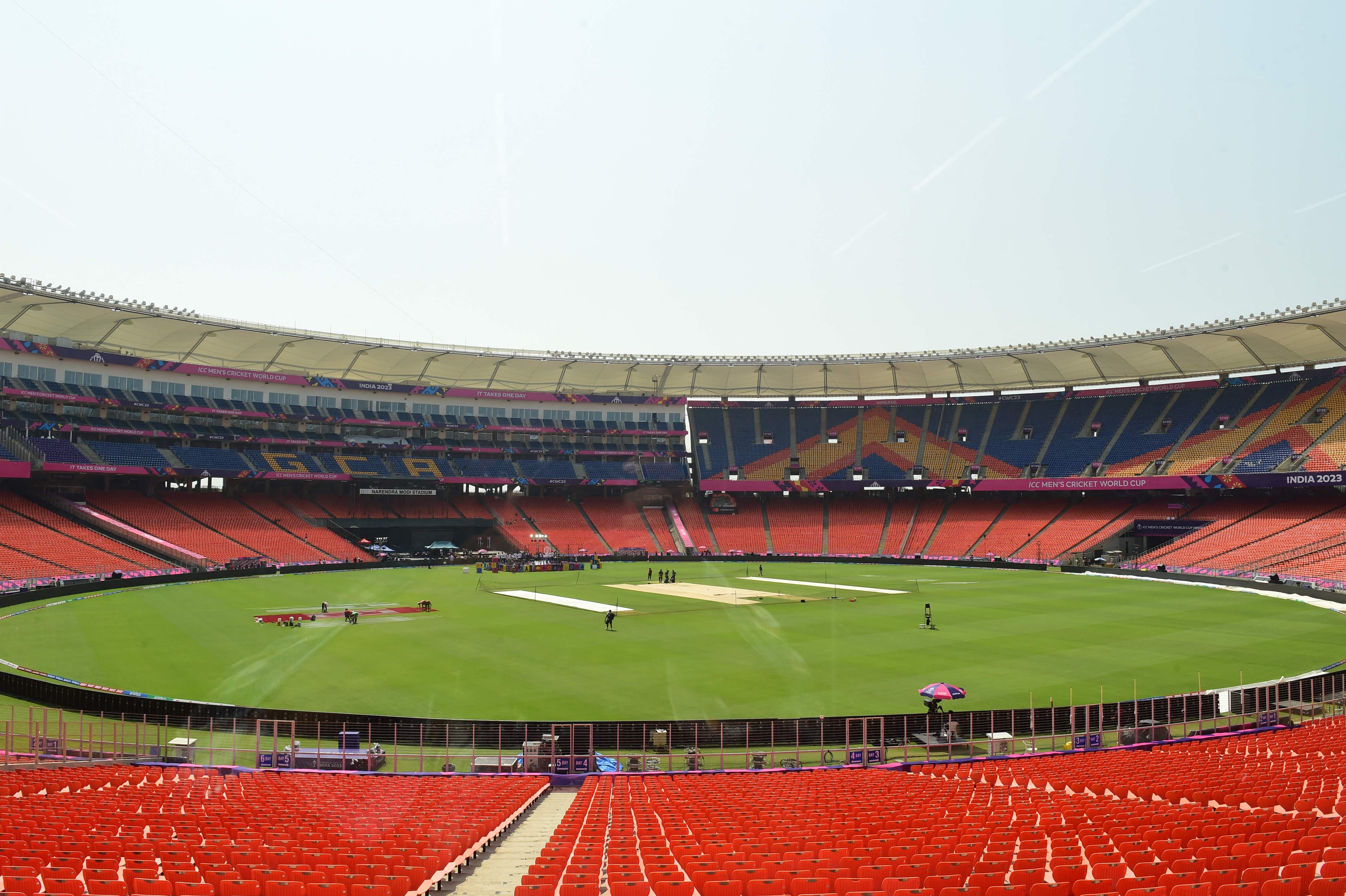 The Narendra Modi Stadium in Ahmedabad on 13 October 2023, the eve of the 2023 ICC Men's Cricket World Cup one-day international (ODI) match between India and Pakistan