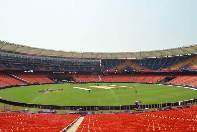 <p>The Narendra Modi Stadium in Ahmedabad on 13 October 2023, the eve of the 2023 ICC Men's Cricket World Cup one-day international (ODI) match between India and Pakistan </p>