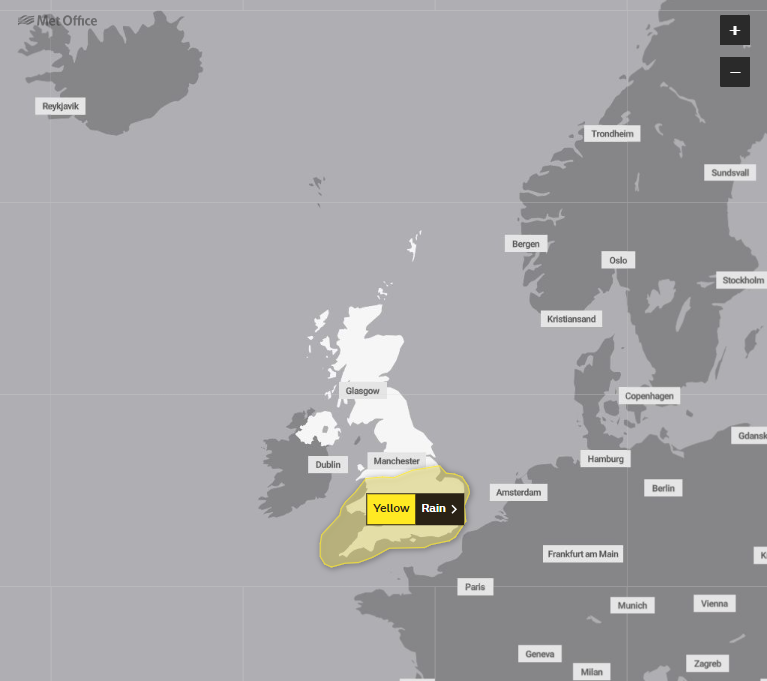 The yellow weather warning in place from the Met Office