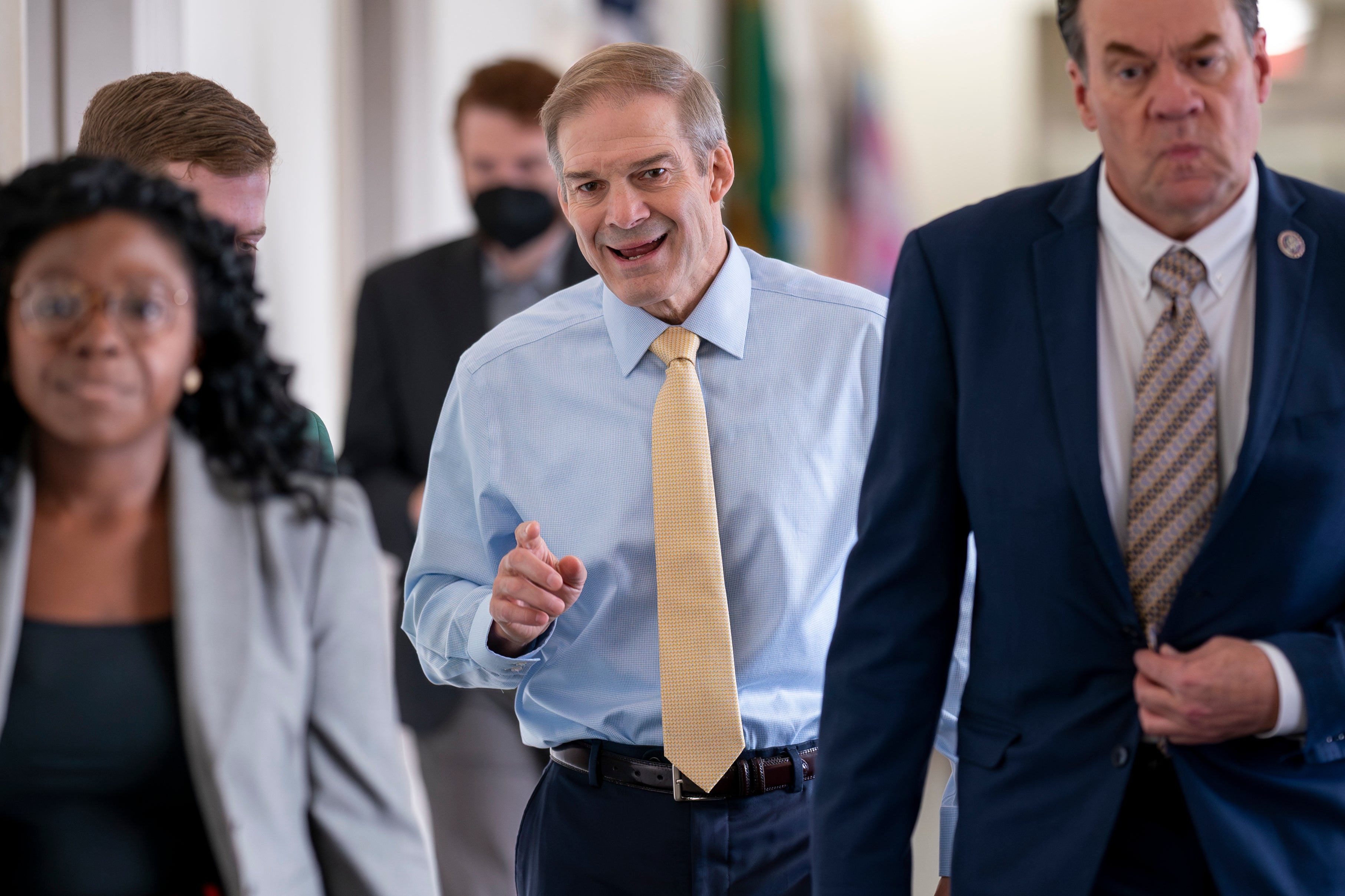 Rep. Jim Jordan, R-Ohio, chairman of the House Judiciary Committee and a staunch ally of former President Donald Trump, arrives as House Republicans meet again behind closed doors to work on a path to elect a new speaker