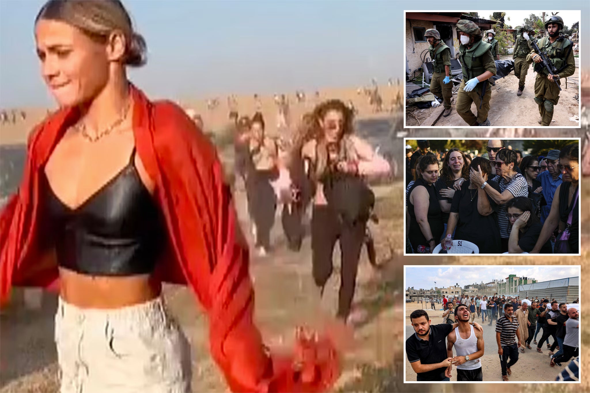 Ravers at the Supernova festival in Negev Dester, southern Israel, flee Hamas militants (main image); Israeli soldiers remove bodies from the kibbutz in Kfar Aza (inset, top) as relatives of the victims mourn (inset middle); Palestinians grieve for victims of airstrikes on Gaza (inset, bottom)