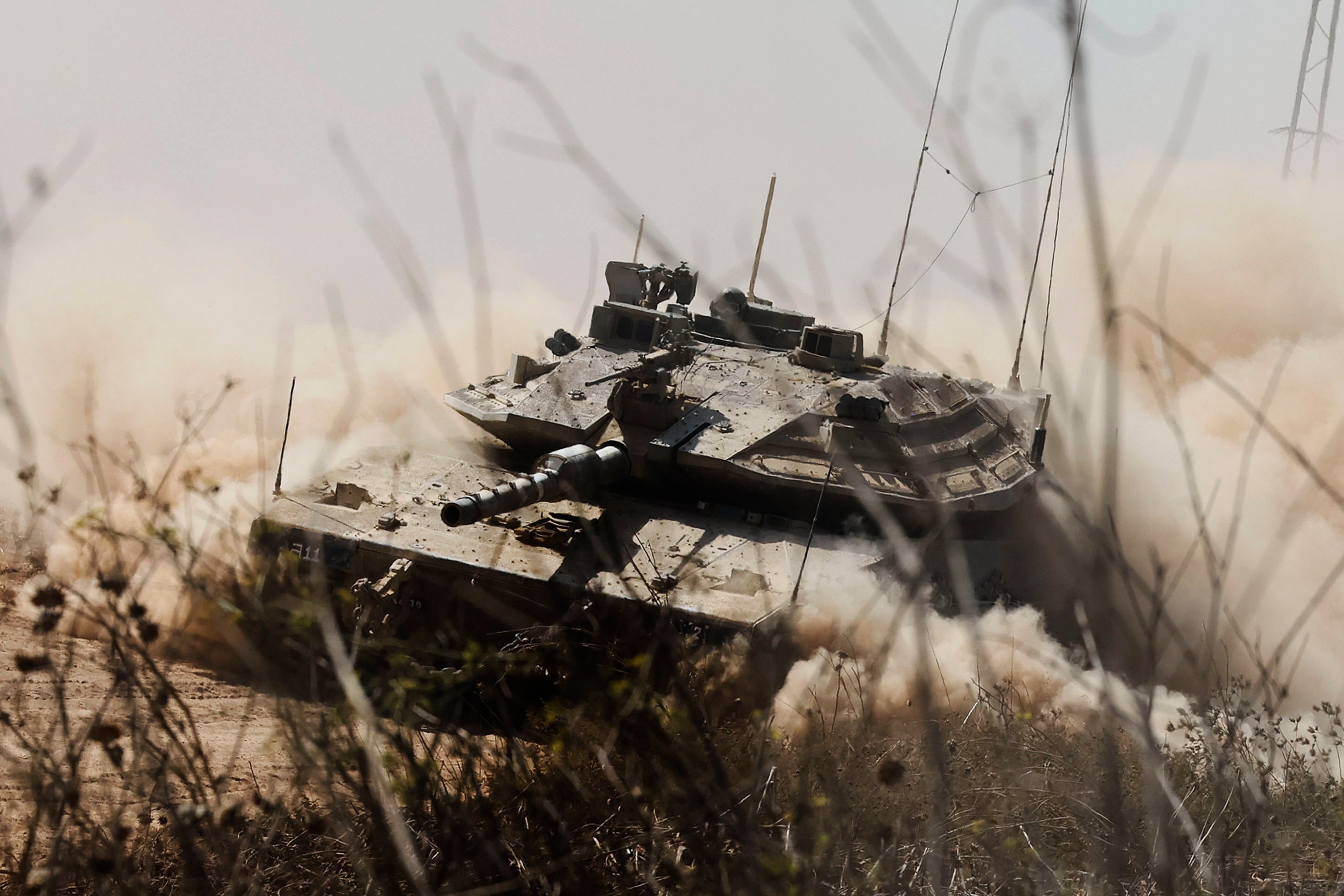 An Israeli battle tank in Sderot, southern Israel