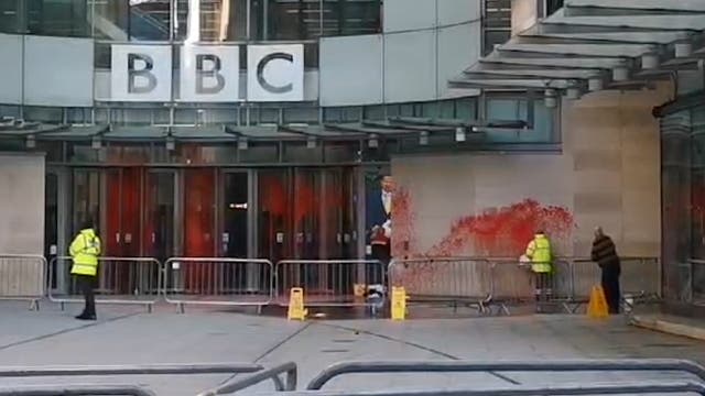 <p>Red paint thrown over BBC’s London headquarter</p>