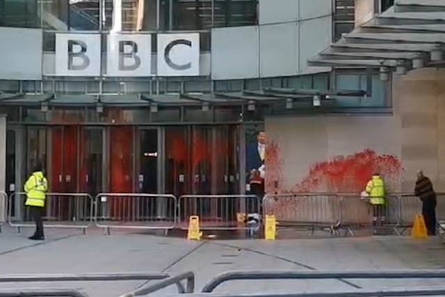 <p>Red paint thrown over BBC’s London headquarter</p>