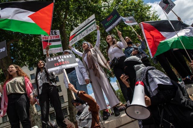 <p>Pro-Palestine supporters march through London to protest against Israel</p>