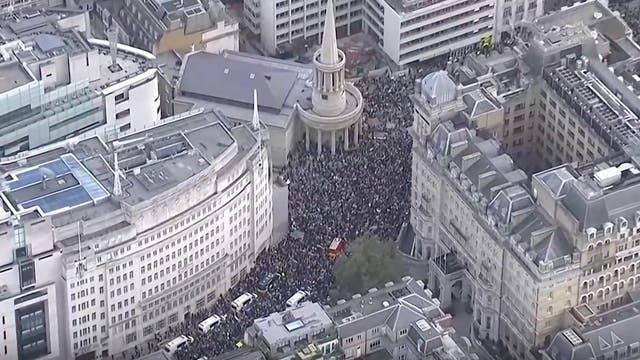 <p>Aerial footage captures thousands of pro-Palestine protesters marching through London </p>