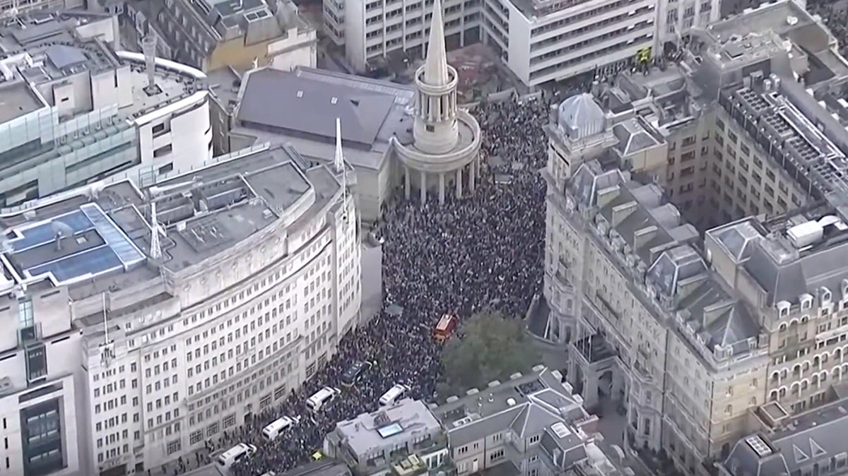 Aerial footage captures thousands of pro-Palestine protesters marching through London 