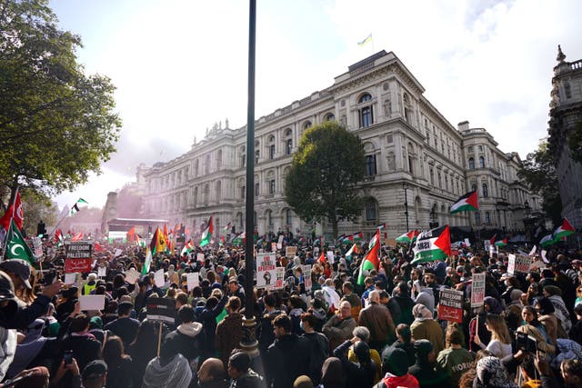 Protesters at the entrance to Downing Street during a March for Palestine in London (James Manning/PA)