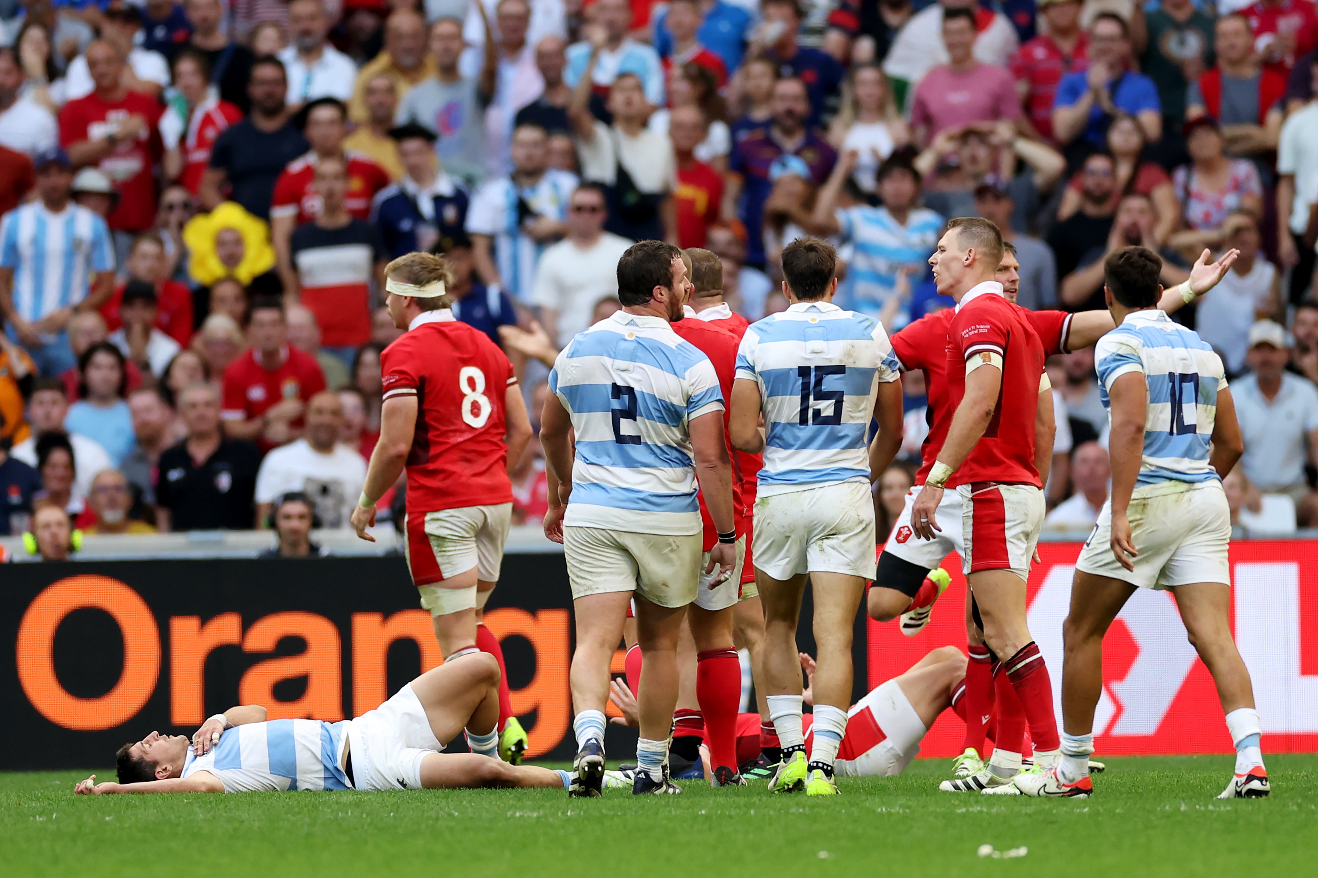 Tomas Cubelli of Argentina lies on the floor after being shoulder-charged off the ball by Josh Adams of Wales