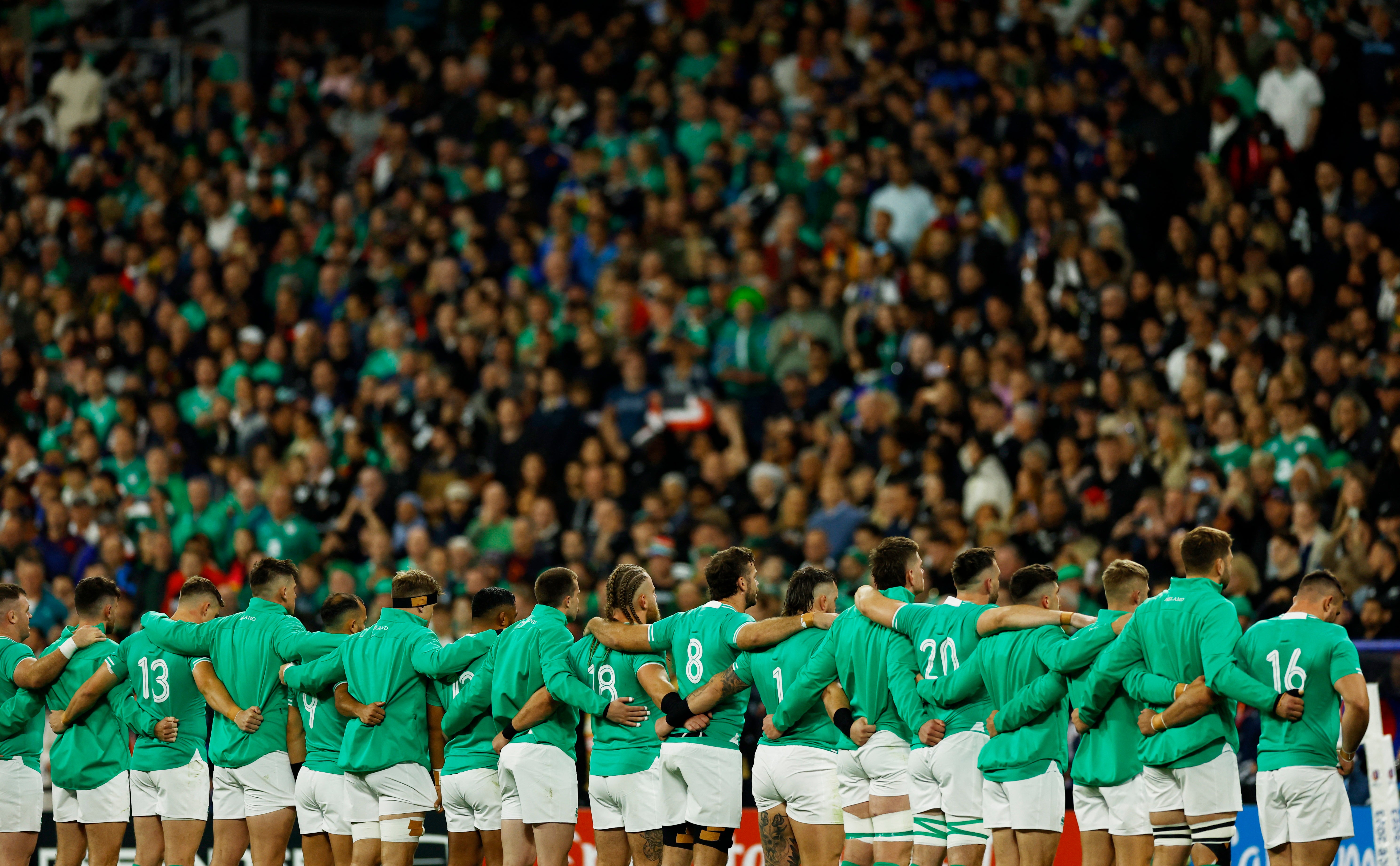 Ireland’s players line up for the anthems