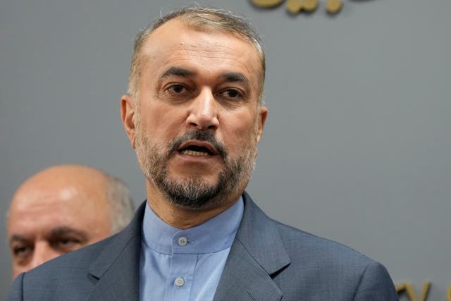 <p>Iranian Foreign Minister Hossein Amirabdollahian, speaks during a joint press conference with his Lebanese counterpart Abdallah Bouhabib, in Beirut Lebanon, Friday, Oct. 13, 2023. </p>