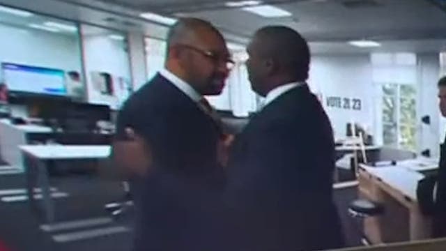 <p>James Cleverly and David Lammy embrace after pair discuss Israel-Palestine</p>