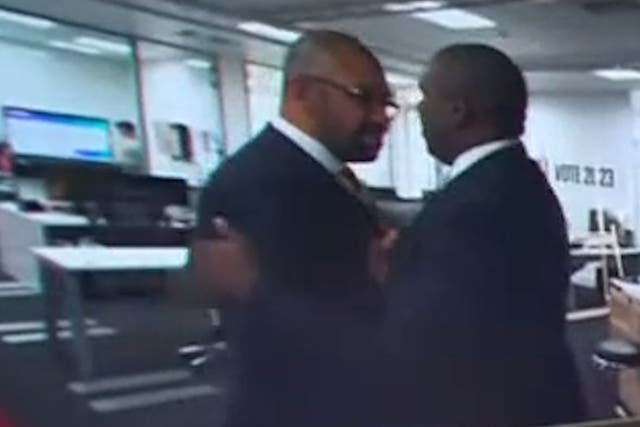 <p>James Cleverly and David Lammy embrace after pair discuss Israel-Palestine</p>
