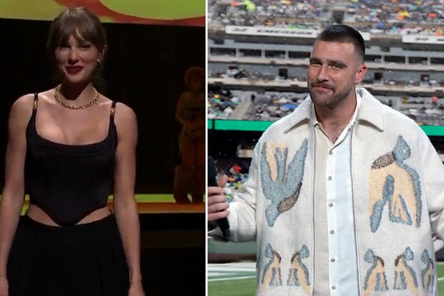 <p> Taylor Swift and boyfriend Travis Kelce make cameo appearances on SNL</p>
